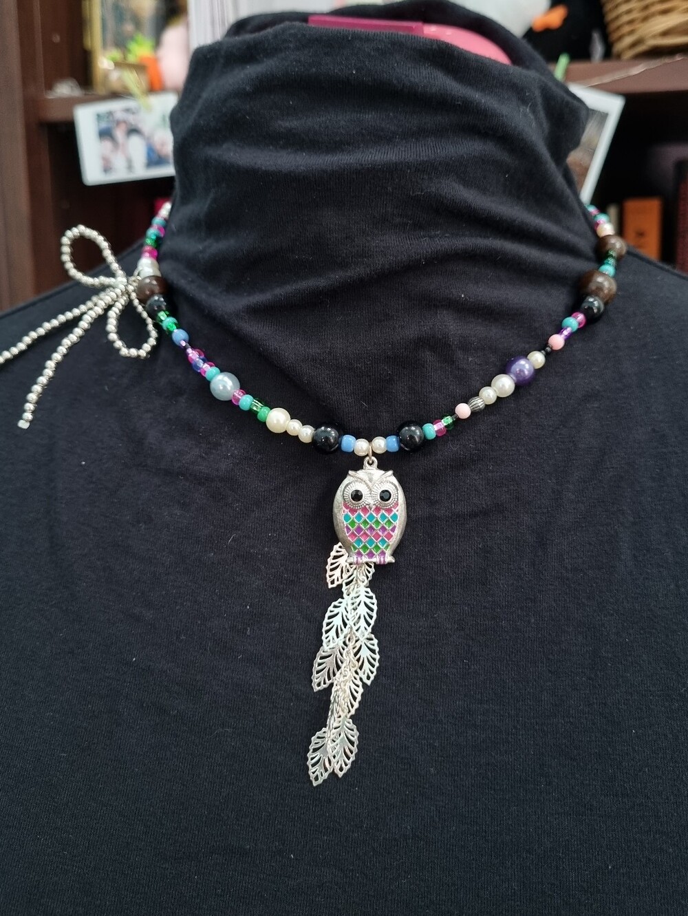 SLS Creation | Multicolour Purple Teal And Pink Asymmetrical Necklace With Owl